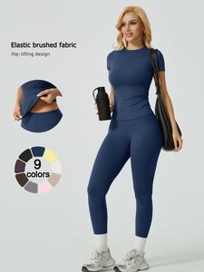 Two-Piece Set Women's Solid Ribbed Long Sleeve Tee & Leggings Sport Set, Casual Breathable Quick Drying T-shirt & Skinny Pants Set for Yoga Gym Workout Running, Ladies Sportswear for All Seasons
