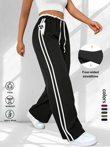 Plus Size Women's Wide Leg Pants with Drawstring Elastic Waist, Lace Trim Design and Pockets, Sporty Side Stripe Trousers for Various Occasions