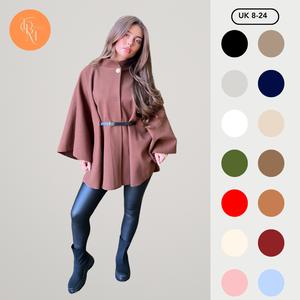 TBM Belted Cape With Belt, High Neck with Button Fits Up To A Size24 Autumn/Winter