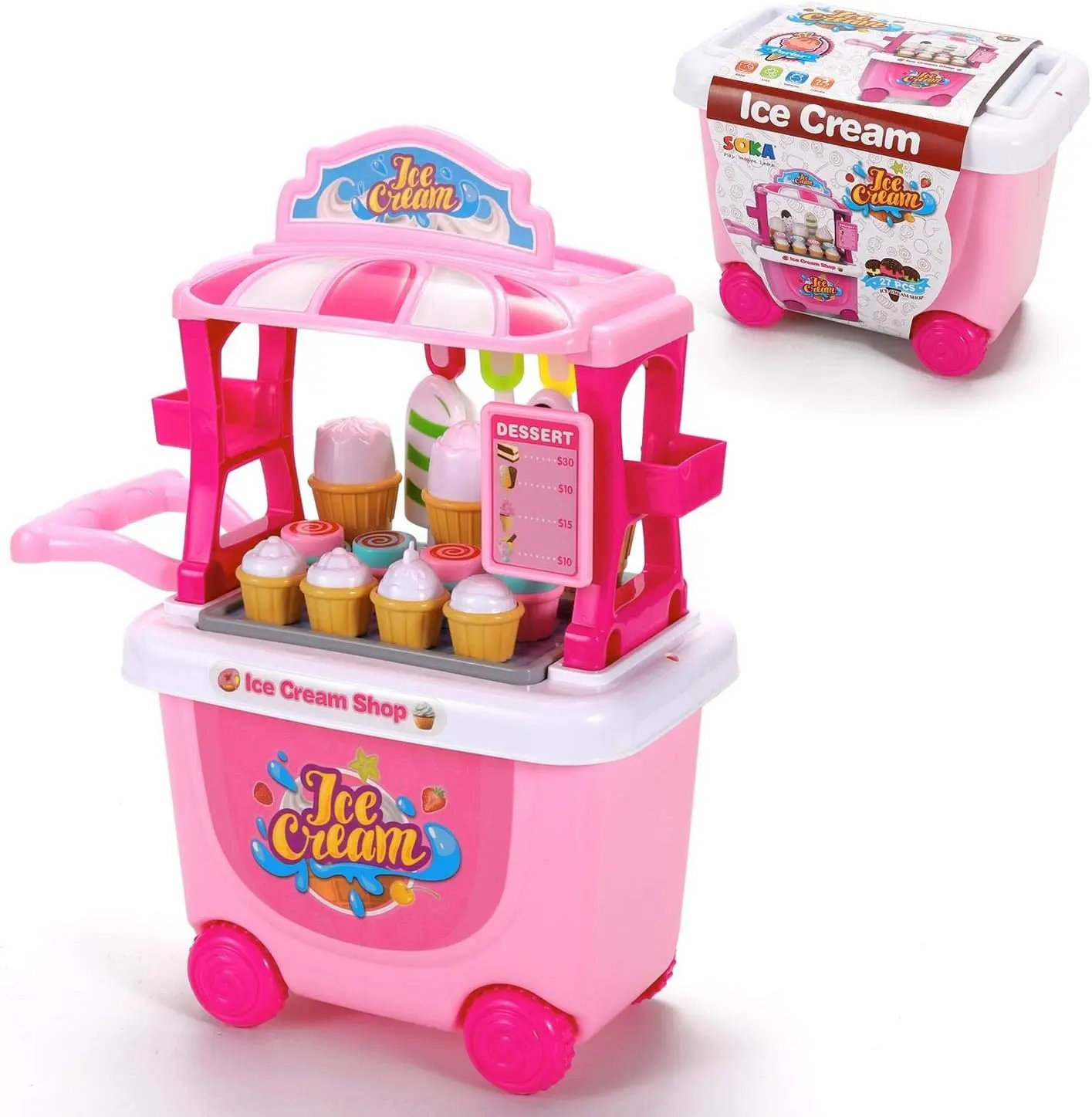 SOKA Ice Cream Trolley Shop Cart for Children - 27 Pcs Ice Cream Parlour Pretend Food Play Set for Kid's Activity & Early Development Education - Gift for Boys Girls