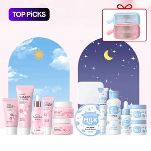 Valentine's Day Gift Sakura & Milk Skincare Set, 1 Set Day & Night Skincare Kit, Including Facial Cleanser, Eye Cream, Serum, Moisturizer, Sunscreen, Scrub, Makeup Bag, Skincare