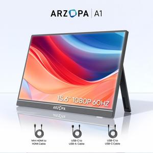 ARZOPA A1 Portable Monitor 15.6 Inch 1080P FHD IPS Screen 60HZ with HDMI/Type-C/USB-C for Laptop/PC/Mac/PS4/5/Xbox/Phone, Dual Built-in Speaker, Kickstand, No Plug Needed