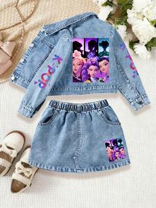 Girls' Fall Winter Washed Denim Jacket + Jean Skirt Set, Cartoon Print, Casual Fashion, Christmas Thanksgiving Party, New Year Gift