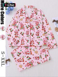 Women's Strawberry Print Sleepwear Set, Long Sleeve Button-Up Top & Elastic Pants, Casual Home Wear, Party