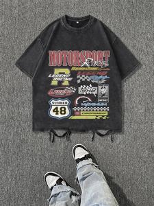 Men's Vintage Letter Print Raw Hem Round Neck Tee, Regular Fit Casual Short Sleeve T-shirt, Men's Summer Top for Daily Wear, Cotton