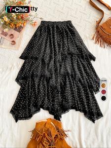 Women's All Over Print Contrast Lace Ruffle Trim Tiered Layer Skirt, Boho Fashion Elastic Waist Long Coquette Skirt for Daily Holiday Vacation Wear, Ladies Bottoms for All Seasons
