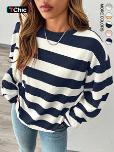 Women's Striped Round Neck T-Shirt, Loose Fit Slimming Top, Casual Comfort for Fall and Winter Fashion