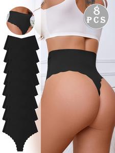 Women's High-Waisted Scallop Design Ice Silk Underwear Set, Breathable Comfort All-Season Fitted Panties, Marble Pattern Casual Style, High Waisted Briefs