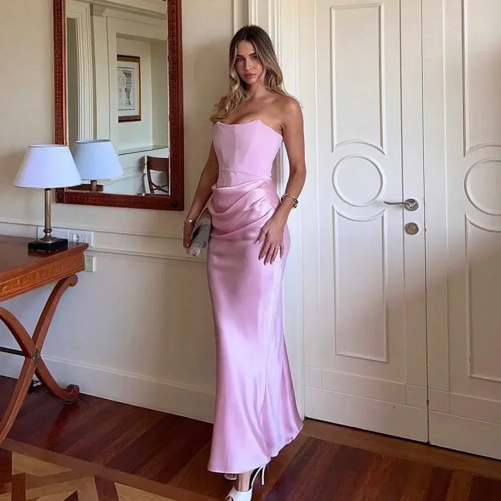 2025 Women's Evening Dress Strapless Pink Prom Party Dresses Sexy Satin Long Corset Dress Elegant Maxi Gala Dresses