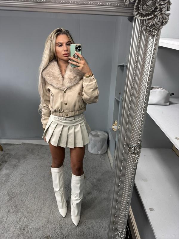 Stylish beige BLAIR bomber jacket with faux fur collar, long sleeve women’s outerwear.