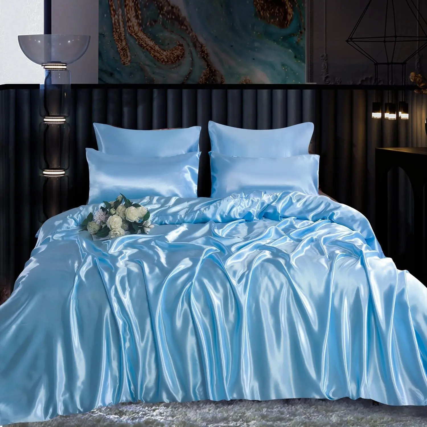 Premium 6PC Sky Blue Satin Bedding Set Silky Smooth Duvet Set With Fitted Sheet & Pillowcases Single Double King Super King
