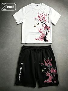 Men's 2-Piece Summer Streetwear Set - Japanese Cherry Blossom Print Short Sleeve T-Shirt and Drawstring Shorts - Aesthetic Oriental Graphic Tracksuit for Urban Casual & Vacation Wear