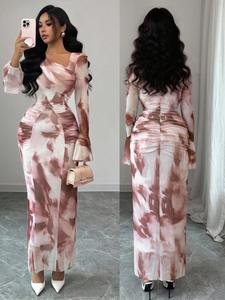 Fall Women's New French Vintage Tie-Dye Print Mesh Dress, Ruched Slim Fit Bodycon Bottoms, Flared Sleeve Long Dress, Womenswear