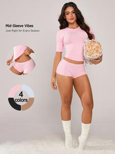 Women's Solid Ribbed Crop Top & Shorts Loungewear, Casual Comfy Round Neck Short Sleeve Tee & Shorts PJ Set, Ladies Sleepwear for Summer, Pajama