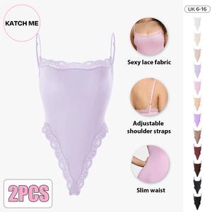 Katch Me Look Women's Basic Solid Color Spaghetti Strap Lace Trim Stretch Bodysuit, Comfort Fitted Casual Sleeveless Shapewear for Summer, Chic Womenswear