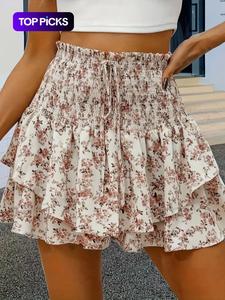 Women's Floral Print Frill Trim Shirred Tiered Layer Shorts, Casual High Waist Tie Front Wide Leg Shorts for Spring & Fall, Women's Bottoms for Daily Wear