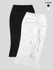 Women's Summer Plain Ruched Split Thigh Skirt, Regular Fit Casual Minimalist Tie Front Bodycon Skirt for Summer, Comfort Basic Bottom for Lady, Fashion Women's Coquette Skirt for Daily Wear, Womenswear, Evening Slit Hem Skirt, Casual Fashionable Skirt