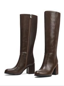 Women's Fashionable Solid Color Square Toe Boots, Trendy Zipper Design High Heel Boots, Stylish Mid-calf Boots for Daily Wear