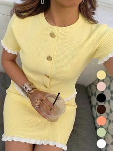 Women's summer casual elegant short-sleeved ruffled round-neck Knit Sweater Sets two-piece set, suitable for daily life and festivals