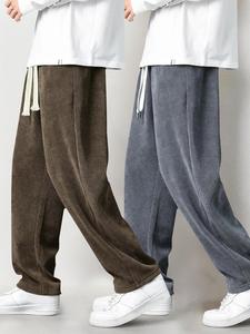 Men's Solid Drawstring Waist Corduroy Pants, Casual Comfy Straight Leg Trousers for Fall & Winter, Men's Bottoms for Daily Wear