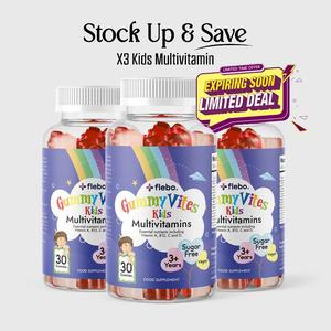 Healthy Kids Wellness Bundle: Flebo GummyVites Kids Multivitamin Gummies - Strawberry Flavour, Sugar-Free, Halal, GMO-Free, 30 Gummies/Bottle (x3 Bottles)  Supplement.  Healthcare.