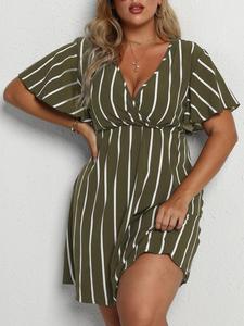【plus Size】 All Over Print Wrap Butterfly Sleeve V Neck A Line Dress, Plus Casual Plain Short Sleeve Short Dress for Summer, Dresses for Women, Striped Printed Womenswear, Women's Plus Clothing,  Ladies Dresses