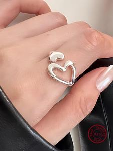 925 Sterling Silver Hollow Out Heart Design Cuff Ring, Fashion Open Adjustable Ring Jewelry for Party, Daily Clothing Decor, Trendy All-match & Exquisite Jewelry for Birthday Gift