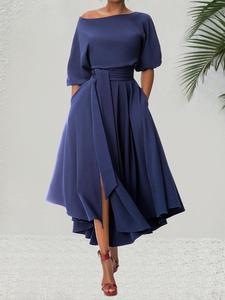 Women's Plain Belted Split Boat Neck Dress, Elegant Bishop Sleeve A Line Dress for Summer, Summer Outfits 2024, Fashion Women's Dress for Daily Wear, Holiday Outfits 2024