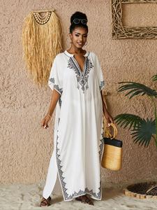 Arabic Clothing- Contrast Binding Notched Side Split Arabian Dress, Modesty Casual Embroidery Batwing Sleeve Maxi Kaftan, Summer Caftan, Summer Clothes, Kaftan Dresses, Dresses for Women