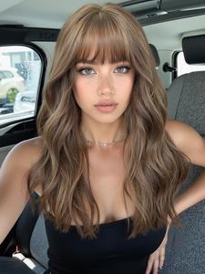 Women's Medium Length Wave Wig with Bangs, Synthetic Hair for Daily Wear, Travel & Party Use, Versatile Style, Synthetic Soft Hair