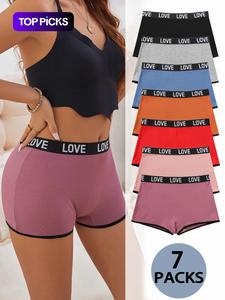 Women's 7pcs Letter Tape Contrast Binding Ribbed Boyshorts, Fitted Knickers, Soft Comfy Breathable Panties for Daily Wear, Underwear for All Seasons, Casual Soft Panties, Soft Stretch Panties