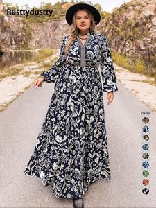 Plus Paisley Print Notched Neck Bishop Sleeve Jacquard A Line Dress, Modest Fashion Boho Fashion Long Sleeve Long Dress for Holiday Vacation Daily Wear, Women Plus Size Clothing for Spring & Fall, Bohemian Dresses for Lady, Comfort Womenswear