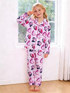2-Piece Kids' Full-Body Polka Dot Star K-Pop Huntress Cartoon Print Long Sleeve Pants with Button Closure and Elastic Waistband for All Seasons Casual Homewear and Children's Pajama Sets