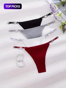 Women's Sexy Thong Tank Top Set, Fashionable Charm, Shiny Thongs, Comfortable Soft Fit, Women's Underwear Panties, 4 Piece Set, Colorblock Print Panty