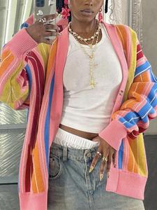 Women's Striped Print Button Front V Neck Cardigan, Casual Drop Shoulder Long Sleeve Knitwear for Fall & Winter, Fashion Women's Knit Clothing for Daily Wear, Womenswear