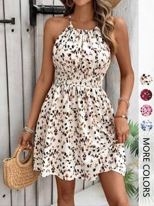 Women's All Over Print Halter Neck Dress, Boho Fashion Casual Sleeveless Short Dress for Beach Holiday Vacation, Ladies Summer Clothes