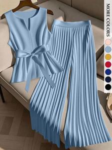 Women's Plus Size 2 Piece Outfits Sleeveless Peplum Top Pleated Wide Leg Pants Set Tie Waist V-Neck Plisse Flowy Elegant Office Workwear Trendy