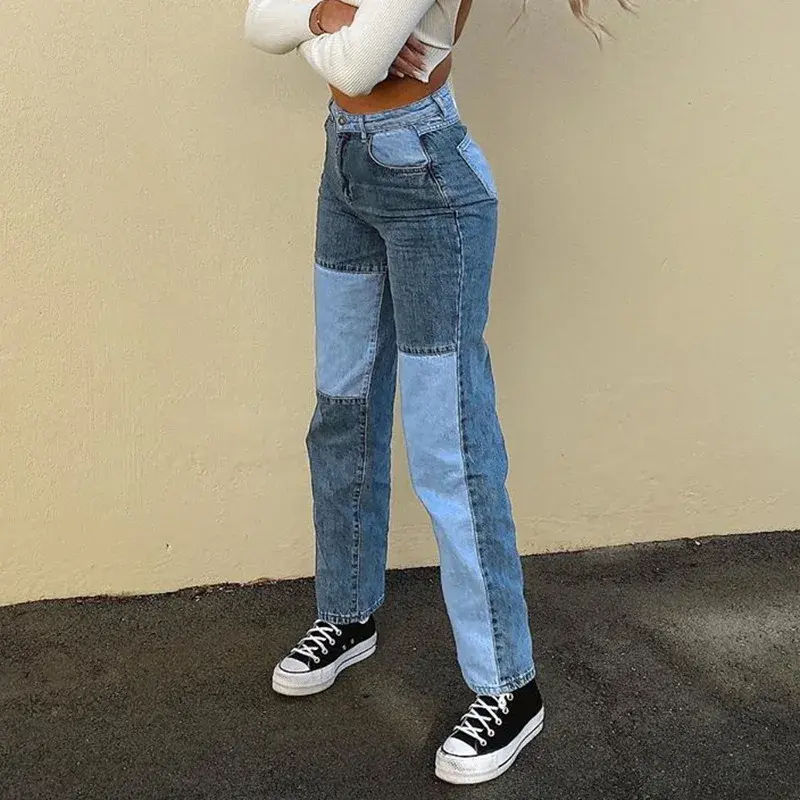 Women Jeans Straight Pants Ankle Length Mid Waist Patchwork Zipper Pockets Spliced Loose Slight Strech High Street 2025