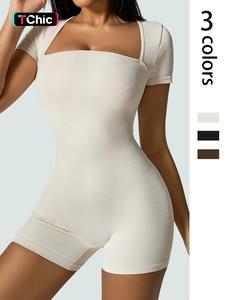 Summer 2024 Women's Solid Square Neck Sports Romper, Casual Comfy Short Sleeve Bodycon Romper for Yoga Workout Running, Summer Outfits 2024, Gym Clothes Women, Jumpsuit for Women, Ladies Summer Sportswear, Holiday Outfits, Tummy Control