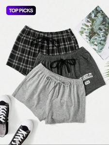 Women's 3pcs Elastic Waist Sleep Shorts, Casual Comfy Pajama Drawstring Waist Sleeping Shorts for Daily Indoor Wear, Women's PJ Bottoms for All Seasons, Summer Outfits 2024