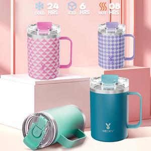 【 Hot Selling Products 】 Meoky 14oz(414ML) Coffee Cup, Straw Holder 2-In-1, Two-Way Drinking Coffee Cup, 100% Leak Proof And Tropical Handle Coffee Cup Water Bottle, Stainless Steel Camping Cup, Travel Essentials