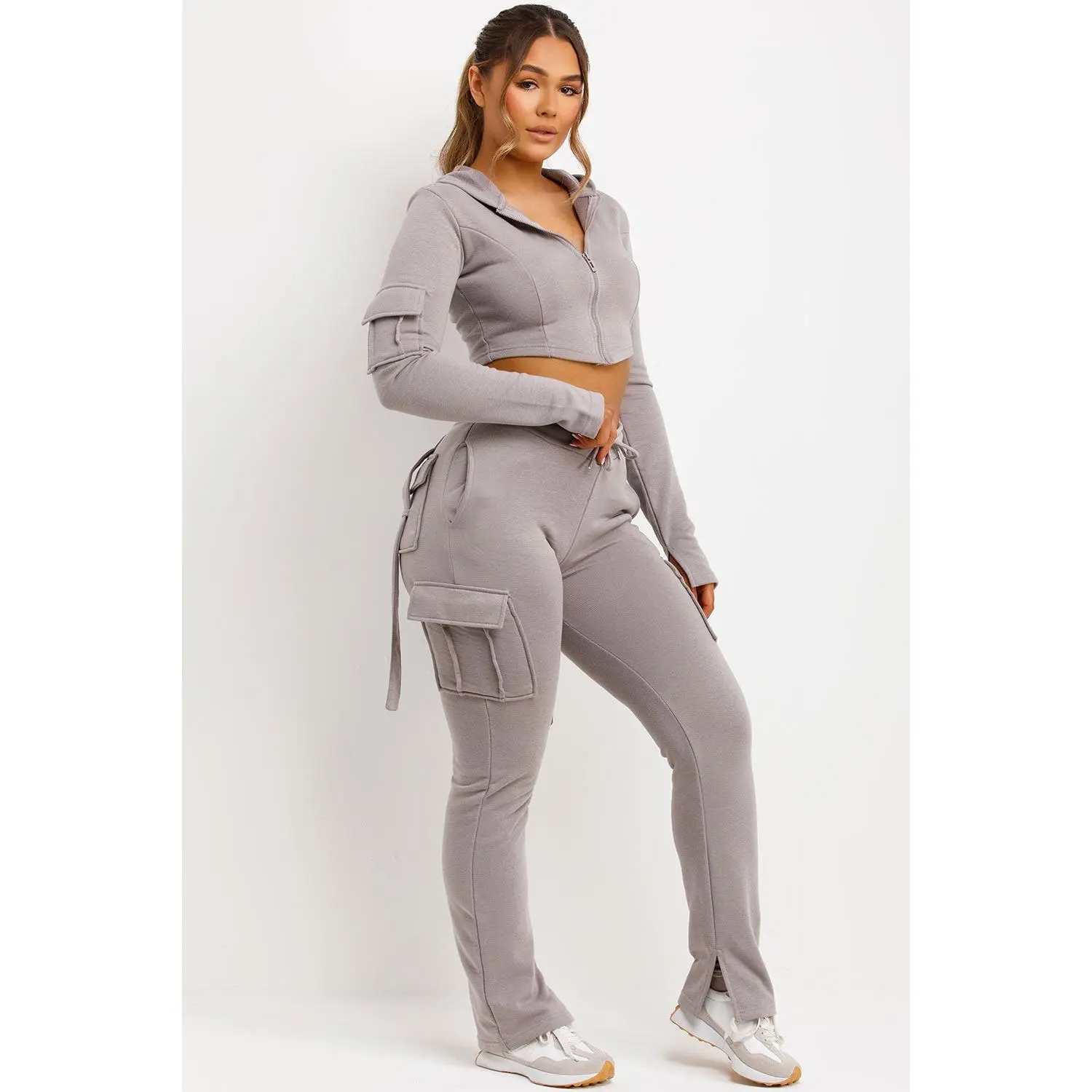 Cargo Joggers And Crop Corset Hoodie Tracksuit Set Dove Grey
