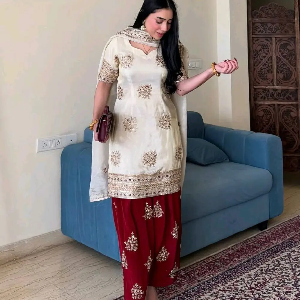 full flared cream and red plazzo set, perfect for any occasion size 44