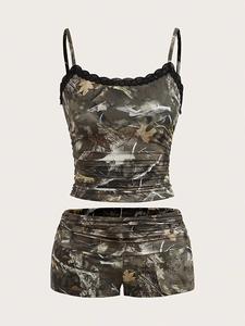 Women's Camo Print Spaghetti Strap Cami Top & Shorts Two-piece Set, Casual Fashion Cozy Two Piece Outfits for Summer Daily Outdoor Wear, Ladies Clothes for All Seasons, Lingerie, Womenswear