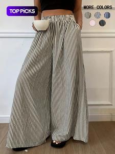 Women's Striped Print Elastic Waist Wide Leg Pants, Casual Comfy Pocket Loose Trousers for Daily Wear, Ladies Bottoms for All Seasons, Oversized Womenswear