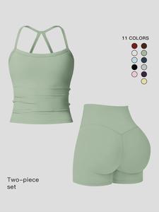 Women's Sporty Quick-Dry Two-piece Set, Solid Backless Cami Top & High Waist Tummy Control Butt-Lifting Shorts Tracksuit Set, Sleeveless Crop Top & Skinny Shorts, Ladies Sportswear for Indoor Outdoor Wear, Yoga Gym Running Wear, Workout Running Clothes