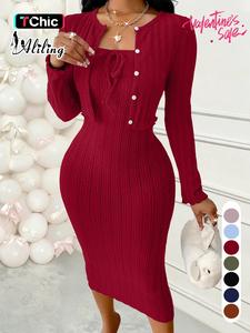 Women's Solid Button Front Crop Cardigan & Ribbed Bodycon Dress Two-Piece Set, Casual Fashion Cozy Two Piece Outfits for Daily Outdoor Wear, Women Clothes for Spring