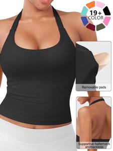 Women's Solid Removable Chest Pad Sports Tank Top, Casual Comfort and Durability Halter Neck Sports Top for Yoga Gym Workout, Ladies Sportswear for All Seasons, Sports Fitness Vest
