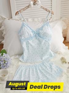 Women's Ditsy Floral Print Contrast Lace Pyjama Set, Cute Chic Comfy Bow Decor Cami Wireless Lingerie Top & Elastic Waist Shorts Pj Set, Pyjamas for Women, Light Blue Soft Comfy Lingerie, Casual Comfy Lingerie, Lingerie Nightwear, Lingerie Sets