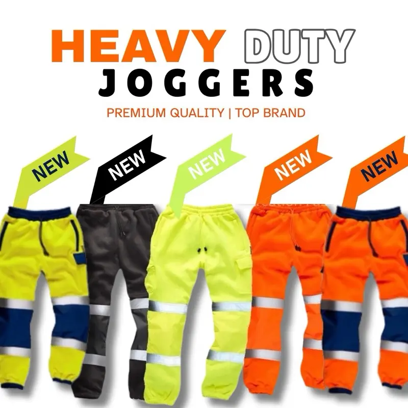 Hi Visibilty Workwear Joggers Jogging Bottoms Polyester Fleece Work Trousers Reflective Tape Fabric Menswear Breathable Casual Classic Day Big Long Medium Navy Black Blue Orange Outdoor Pants Pockets Small Sports Stylish